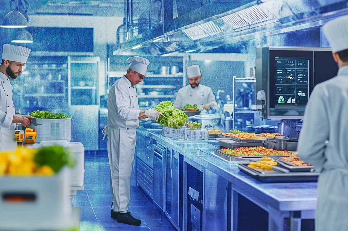 Nadmiar świeżych owoców marnowany w bufecie Kelner zbiera z bufetu nadmiar owoców jabłek bananów i pomarańczy do kosza na odpady organiczne