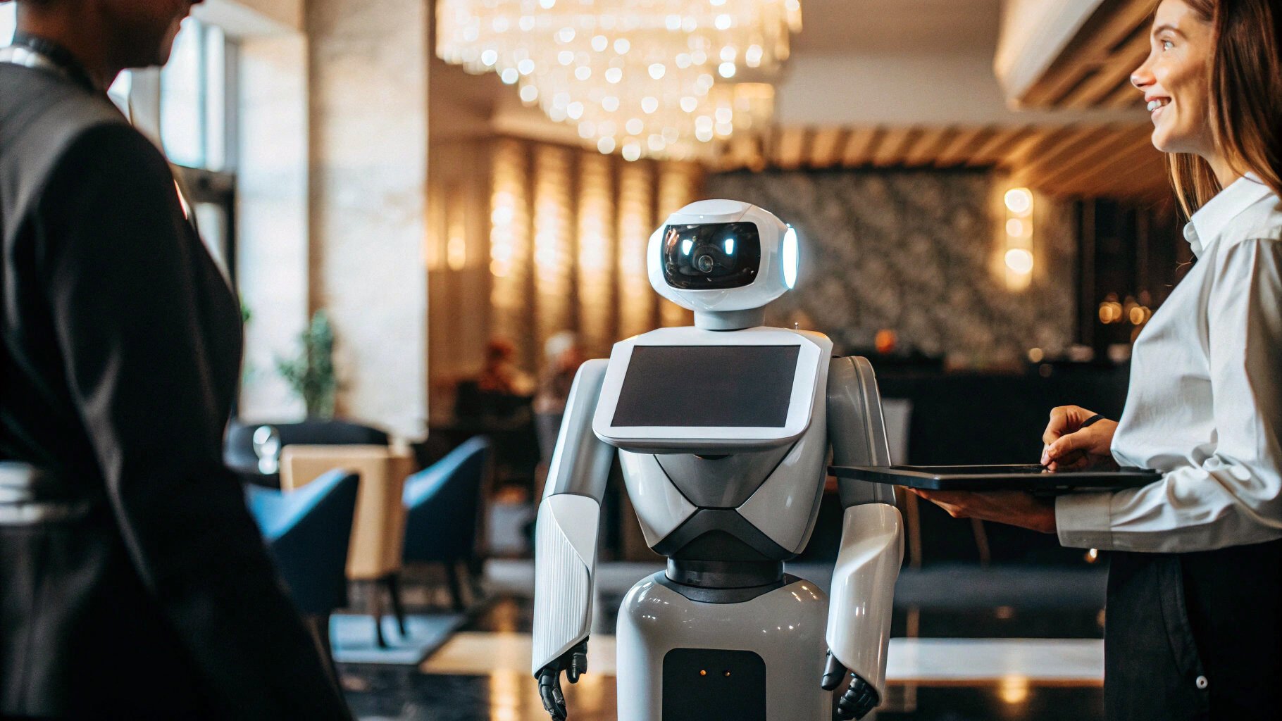 roboty obsługują gości w nowoczesnych hotelach